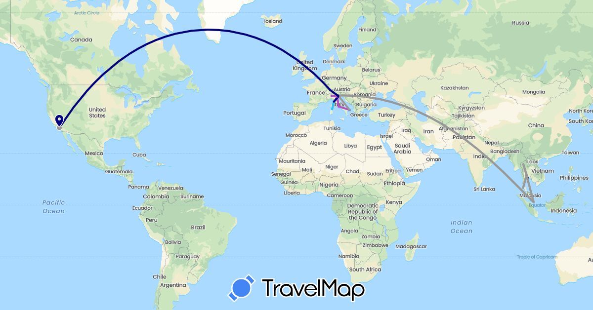 TravelMap itinerary: driving, bus, plane, train, boat in Switzerland, Italy, Singapore, Thailand, United States (Asia, Europe, North America)